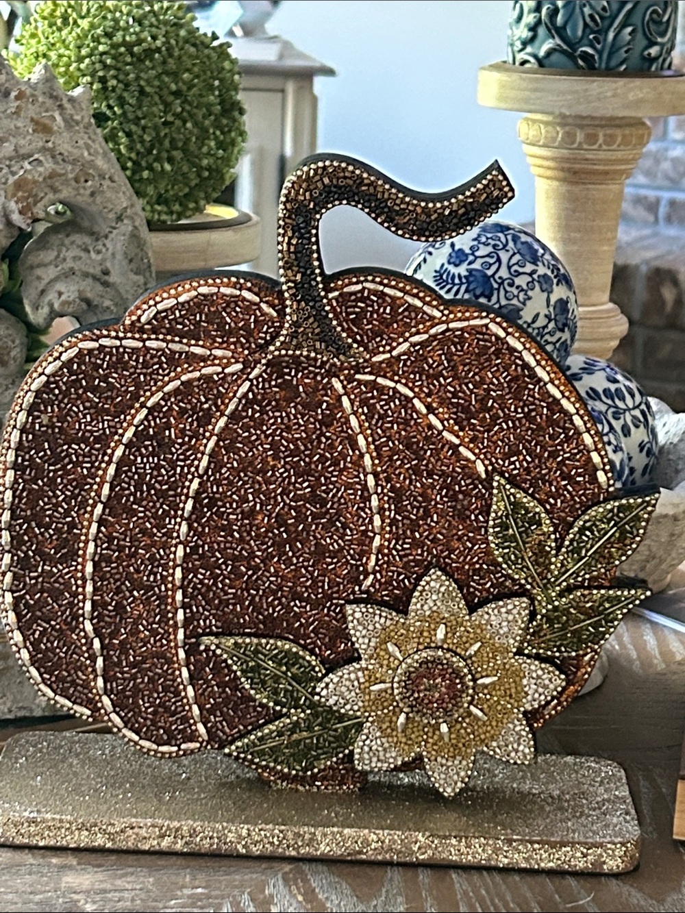 NEW! Vintage Inspired Beaded Wood Fall Autumn Harvest Sunflower Pumpkin